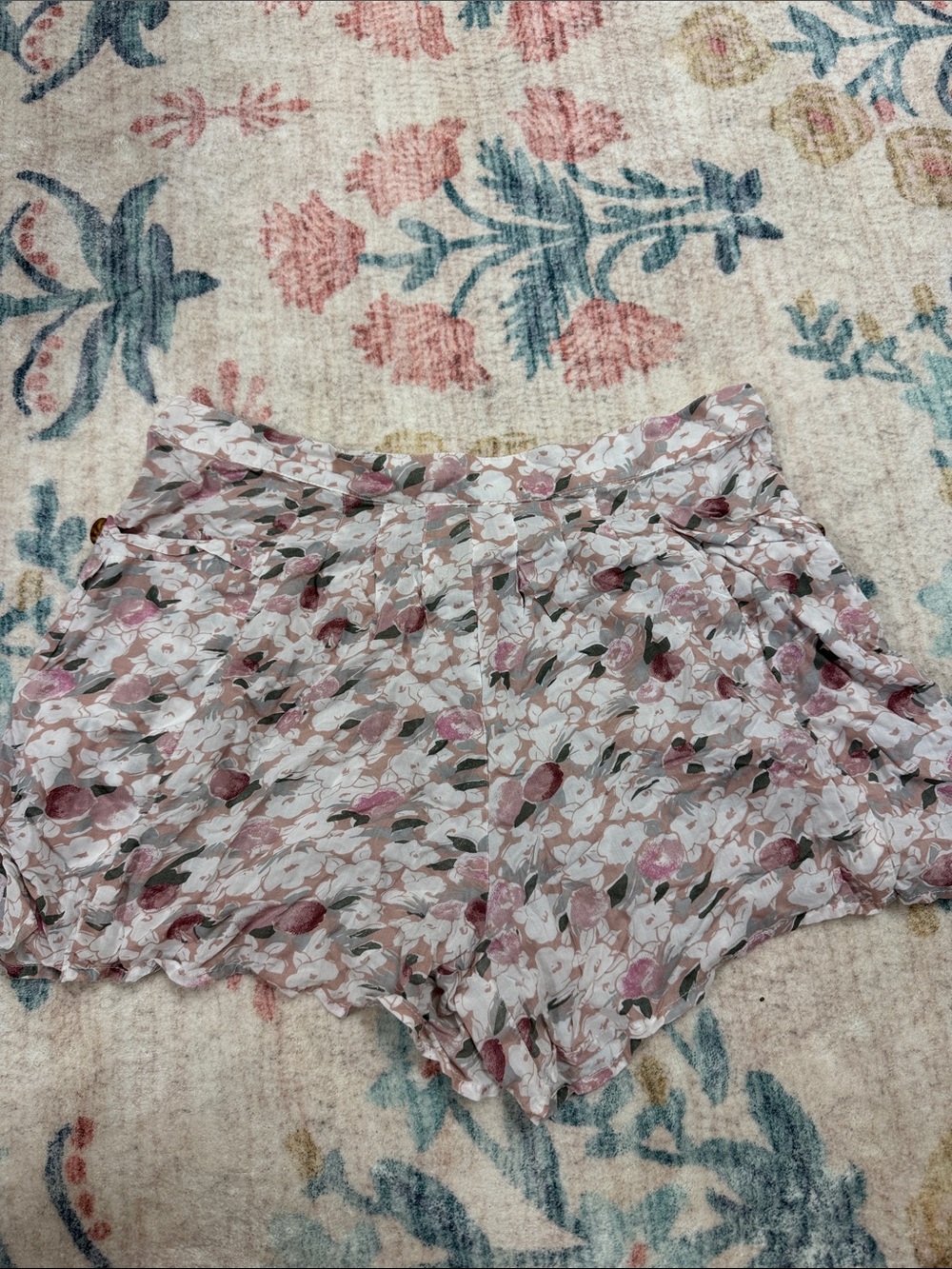 Free People Ruffled Floral Elastic Waist Shorts - Soft Pink & Gray